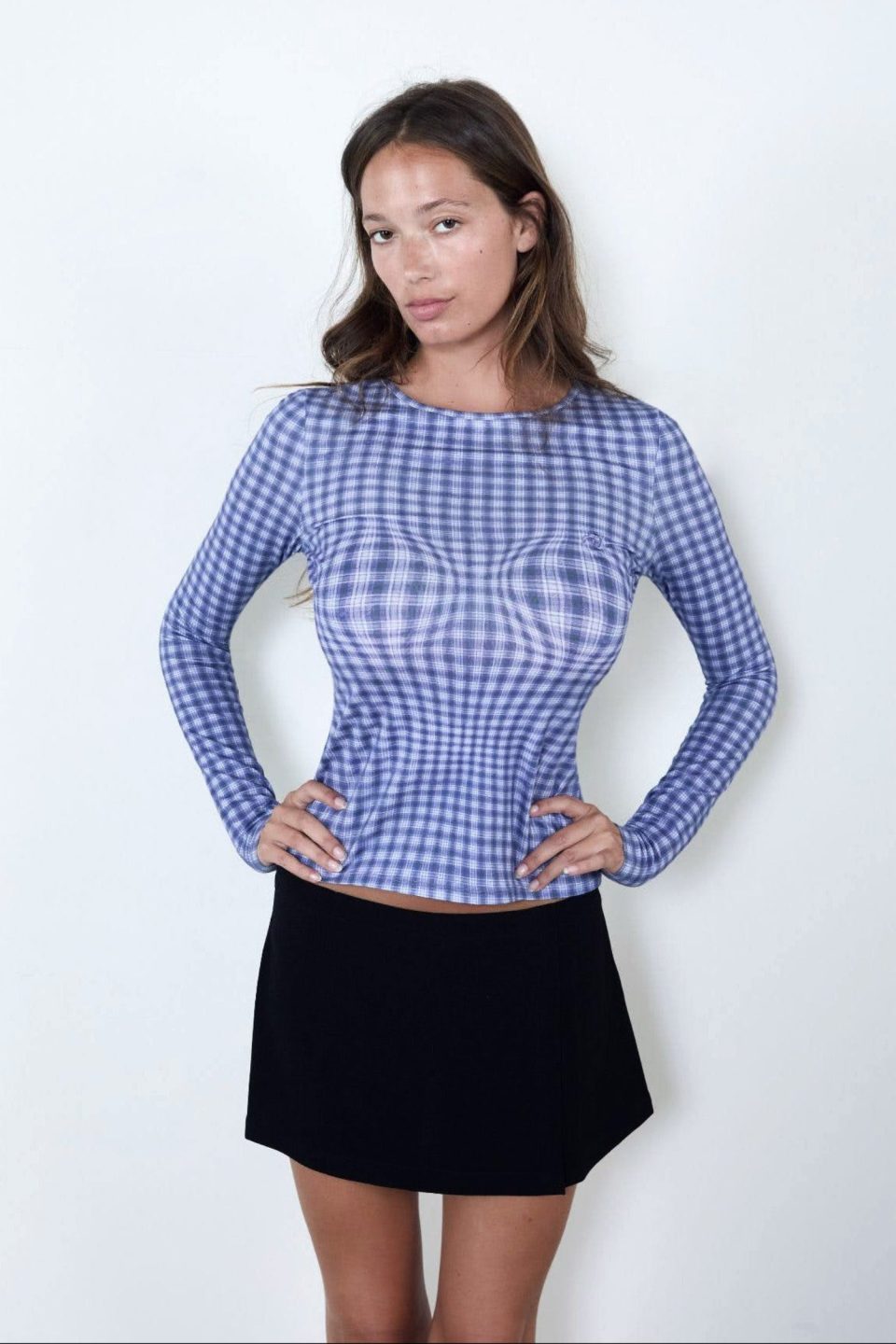 LONG SLEEVE TOP - NAVY WARPED PLAID